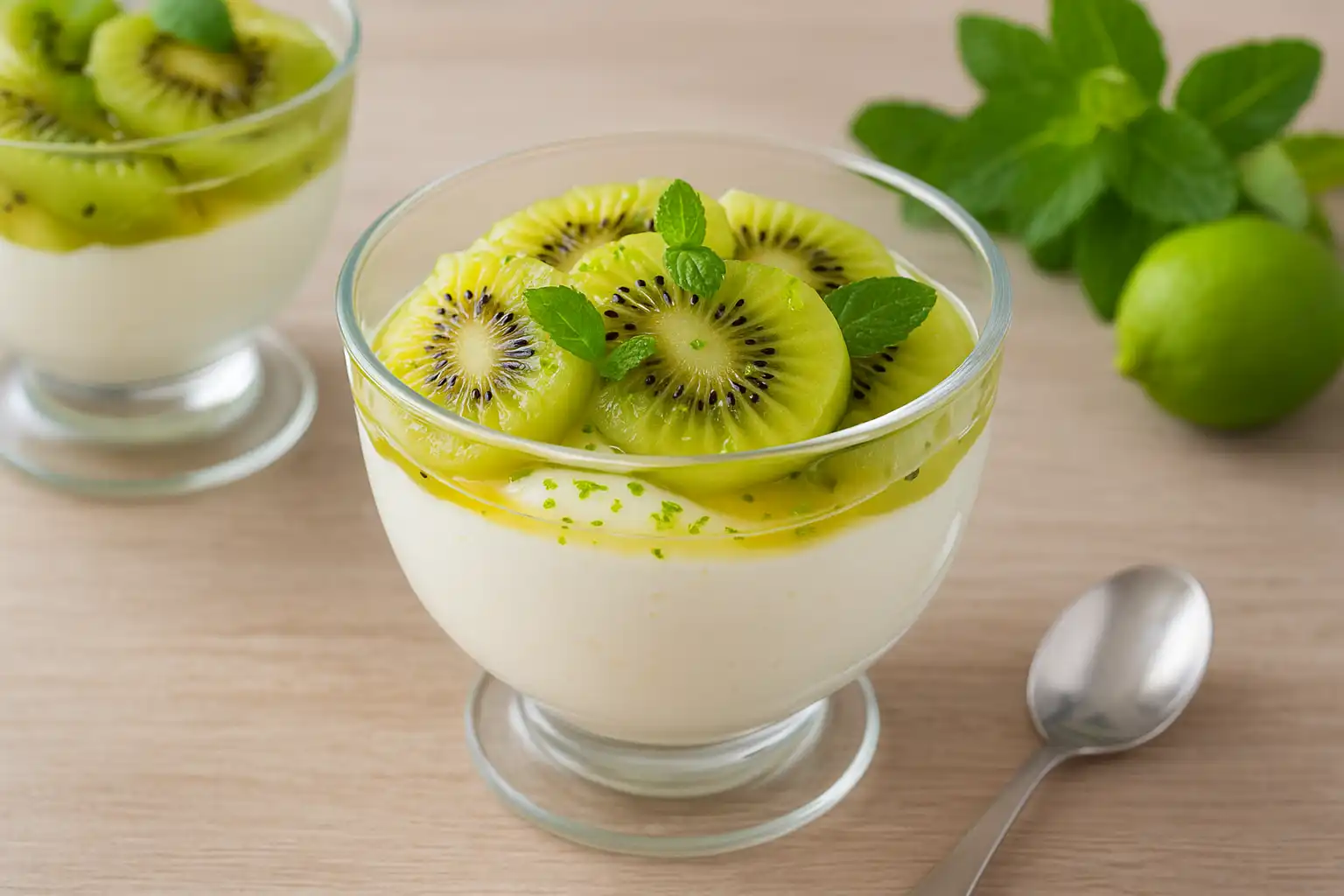 Kiwi mariné à la fleur d’oranger et mousse légère de fromage blanc