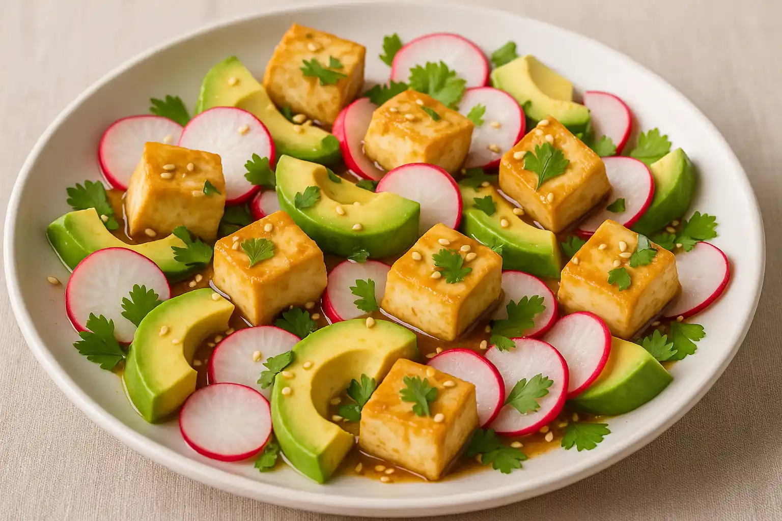 Salade healthy du soir tofu mariné, avocat et radis croquants