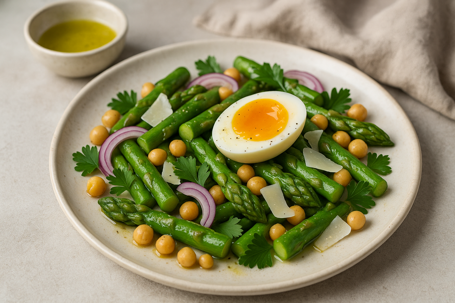 Salade tiède asperges vertes, pois chiches et œuf mollet – recette saine du soir