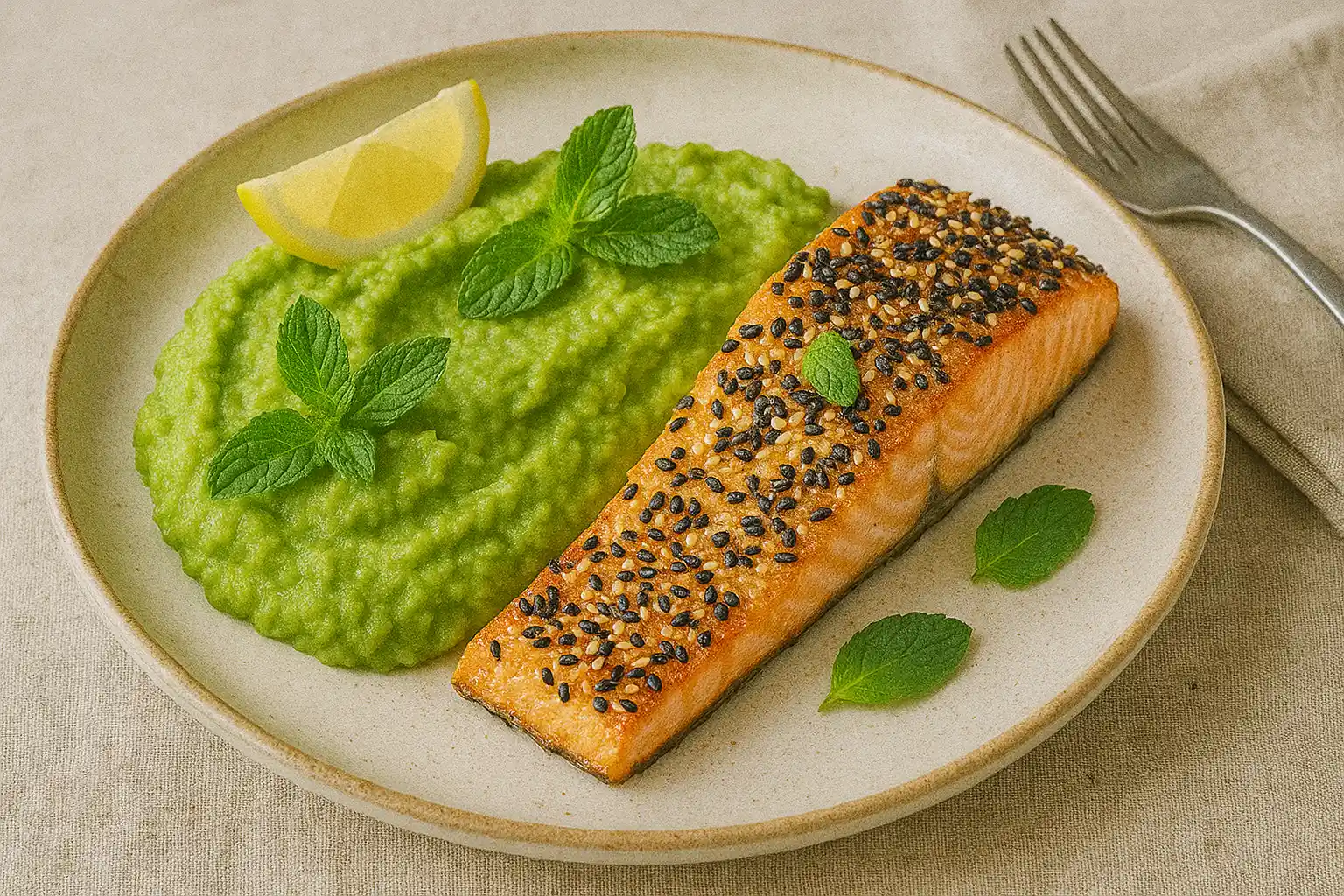Recette saumon rôti au sésame et purée de petits pois à la menthe