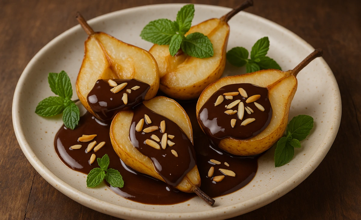 Chocolat noir & poires rôties à la fleur d’oranger : recette gourmande et saine le soir