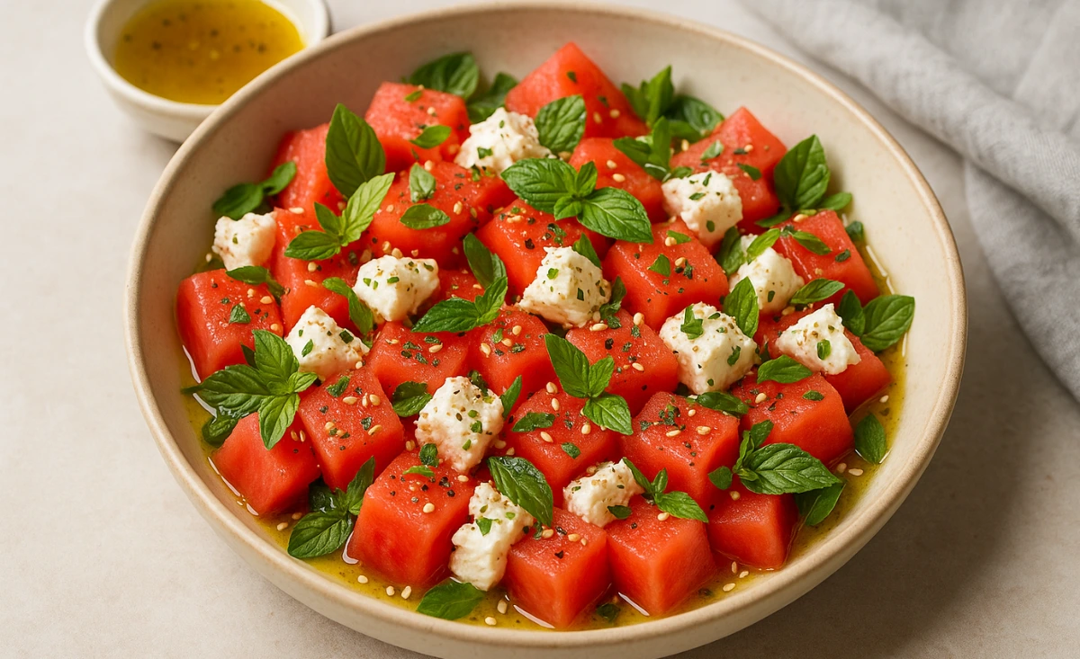 Pastèque marinée et feta aux herbes fraîches, recette saine le soir